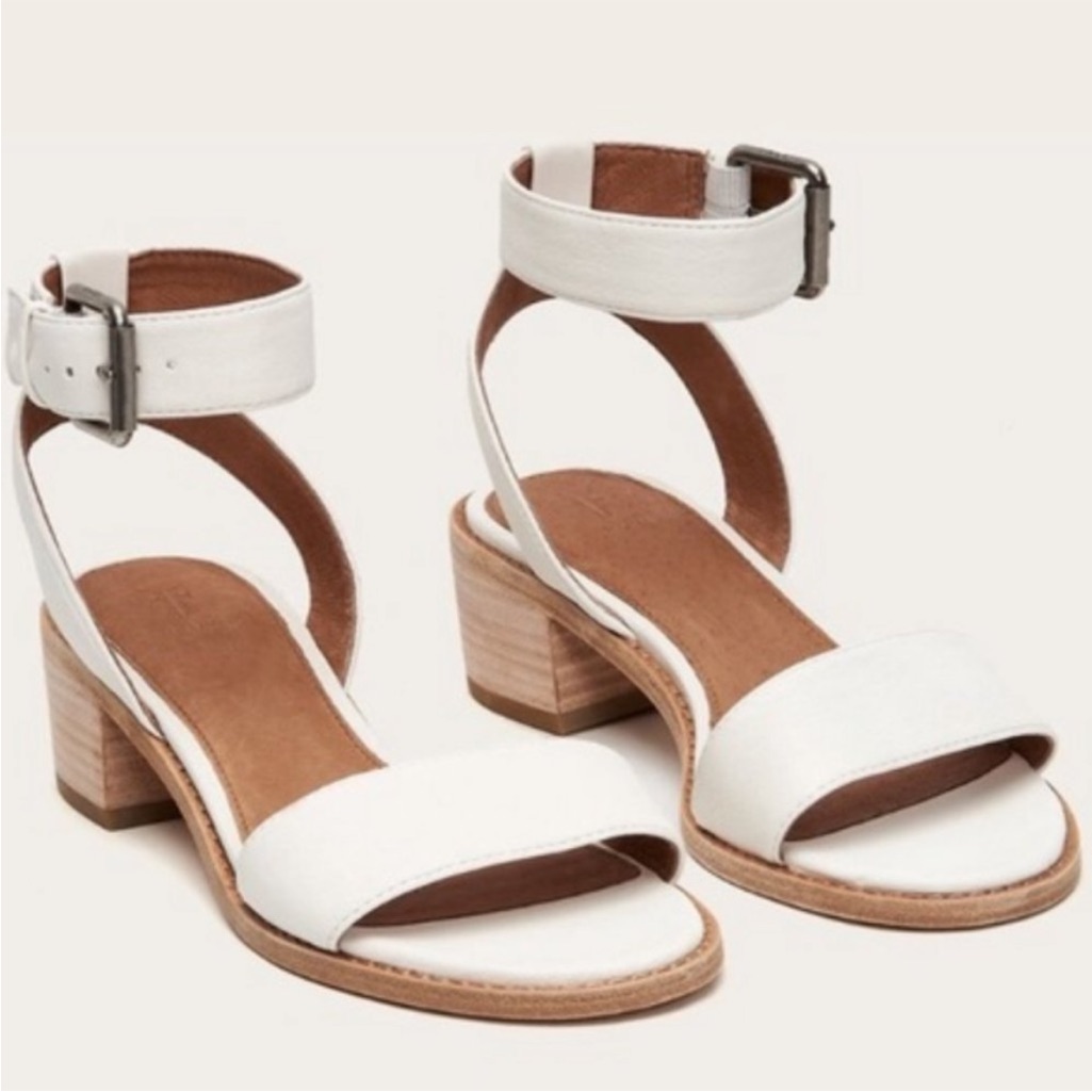 Frye White Leather Ankle-Strap Block Heel Sandals